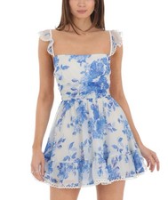 Lucy in the Sky Ruffle Strap Fit and Flare Dress Blue White Floral Size XXS New