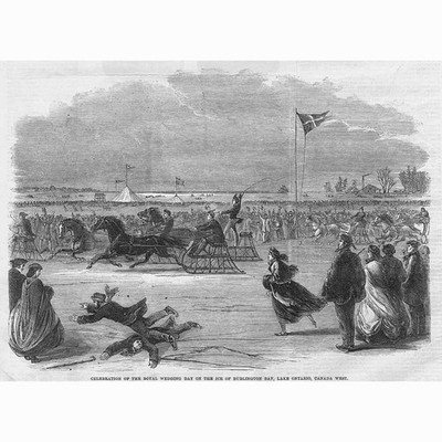 Kanada auf dem Eis am Burlington Bay Lake Ontario - antiker Druck 1863