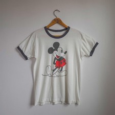 Vintage 70s Disney Mickey Mouse Ringer Shirt White Faded Distressed