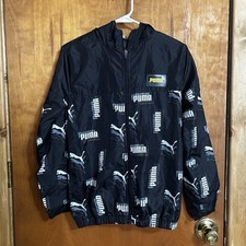 Puma Youth Rain Jacket Black Boy Size L 14-16 Windbreaker Coat Logo