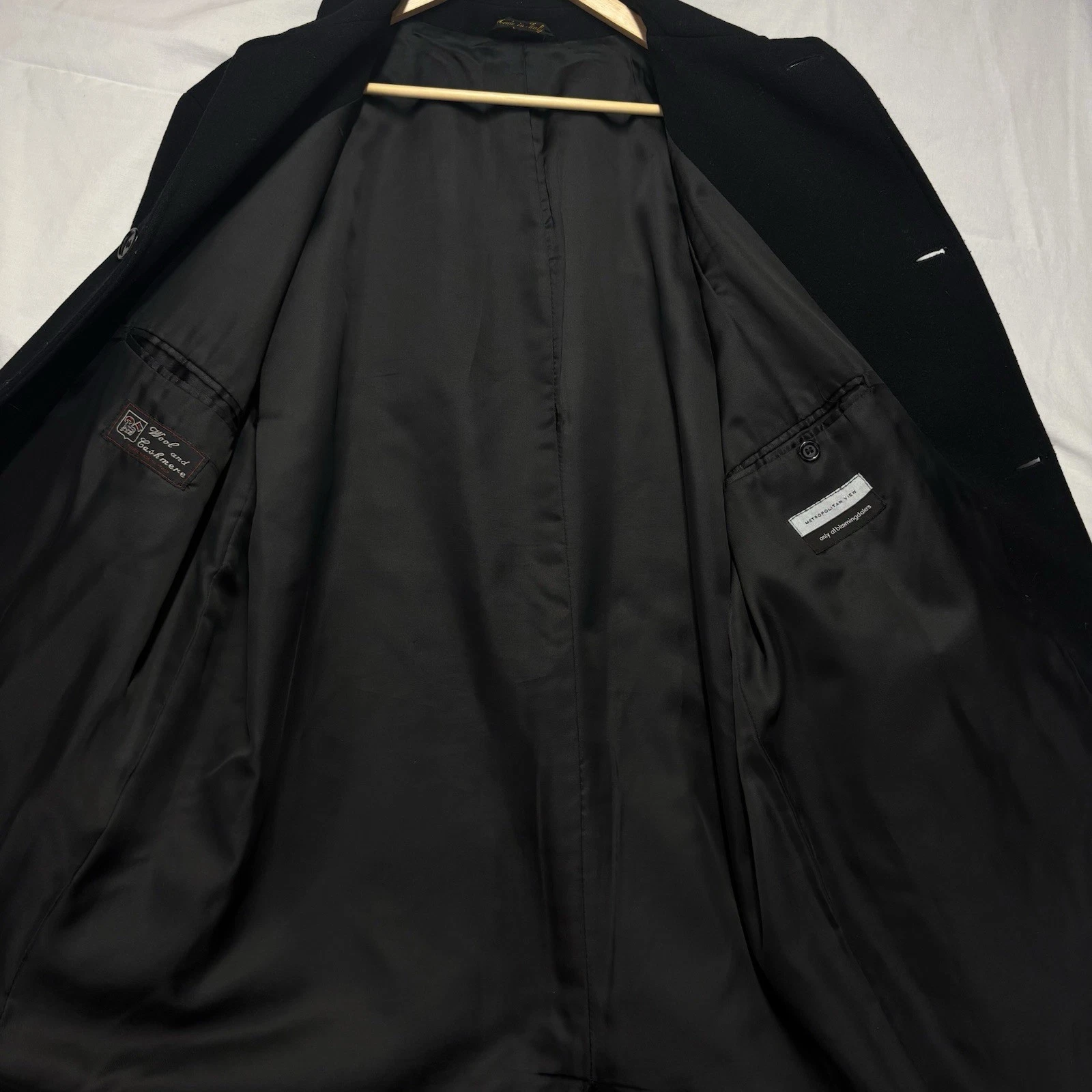 Metropolitan View Bloomingdales Mens 42L Black Wool Cashmere Overcoat Made Italy image 15