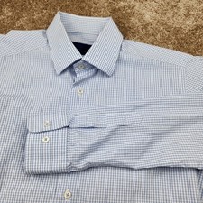 David Donahue Mens Trim Fit Dress Shirt 16 36/37 Blue White Micro Check Cotton
