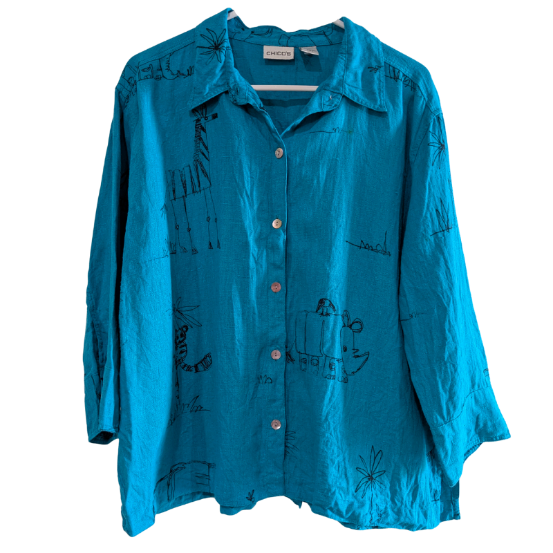 Chico's Women's Animal Print Linen Shirt, Size 2, Blue, 3/4 Sleeves, Button Down