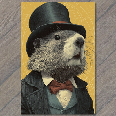 #ad POSTCARD Groundhog Top Hat Bow Tie Groundhog Day Dapper Character Yellow $6.65