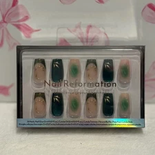 Nail Reformation Press On Nails Green Gold Leaf Design Manicure Set 32 Nails