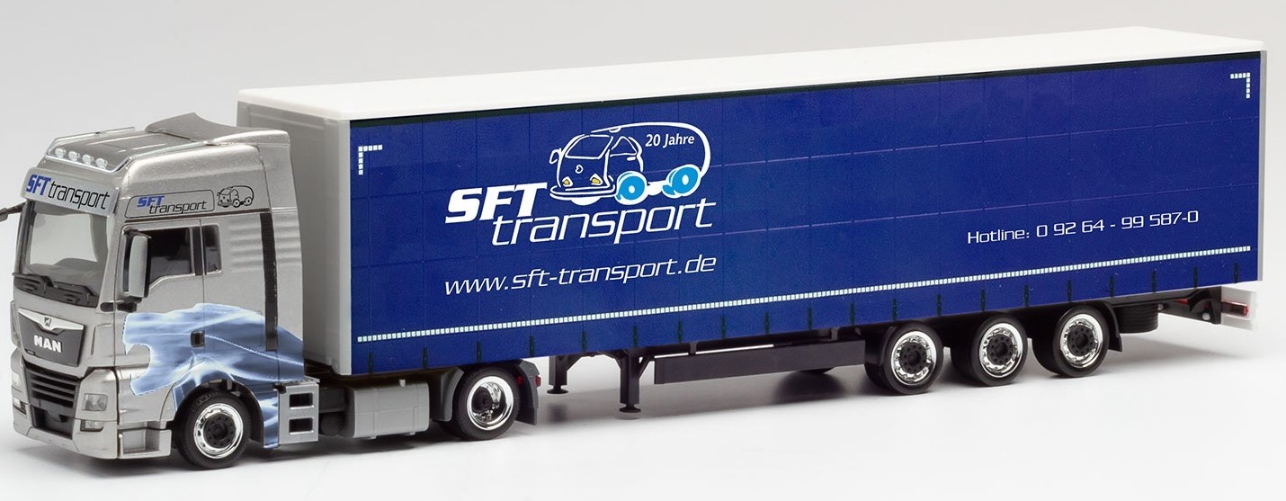 Camion HERPA MAN TGX XXL 4x2 avec remorque bâchée SFT Transport échelle 1/87