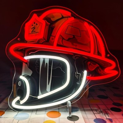 Firefighter Helmet Neon Sign,Red Firefighting Hero Hat Neon LED Light for Fir...