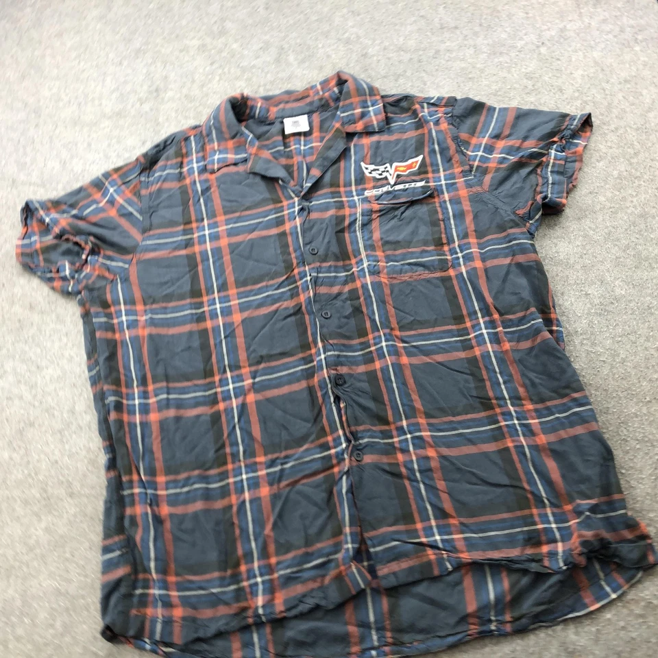 Camisa Corvette Para Hombre Grande Azul Naranja A Cuadros Abotonada Manga Corta GM Oficial Foto 3 de 4