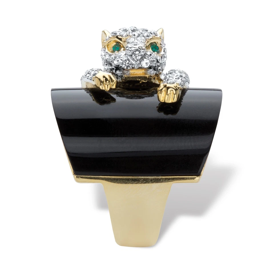 Anillo de cóctel de leopardo chapado en oro y cristal negro genuino Foto 2 de 4