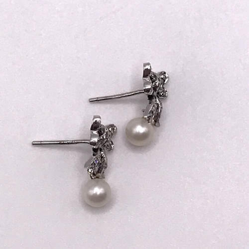 9ct White Gold Diamond & Suspended Cultured Pearl Bow Earrings. Post Backs - Picture 4 of 20