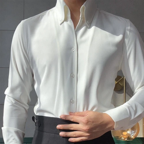 Französisches Hemd Herren Langarm Freizeit Slim Business Kleid Stehkragen Bluse - Bild 4 von 22
