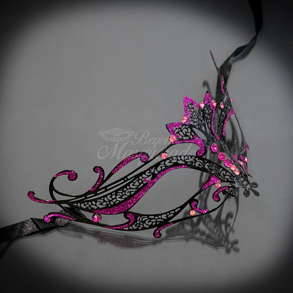 Filigree Metal Masquerade Mask Pink Glitters & Rhinestones Black