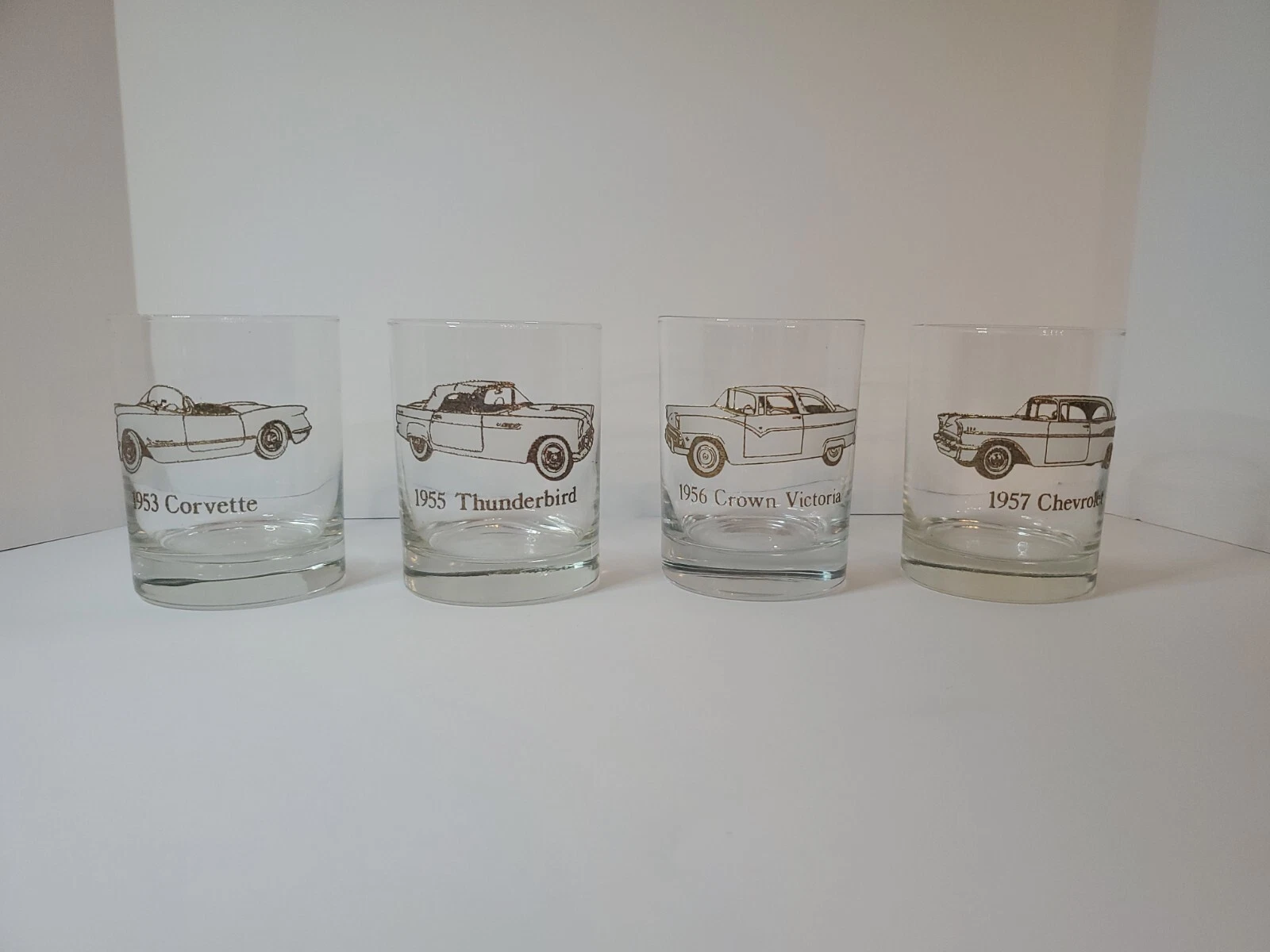 4 vintage 50's American classic cars Gold&Frosted low ball glasses! Perfect MCM