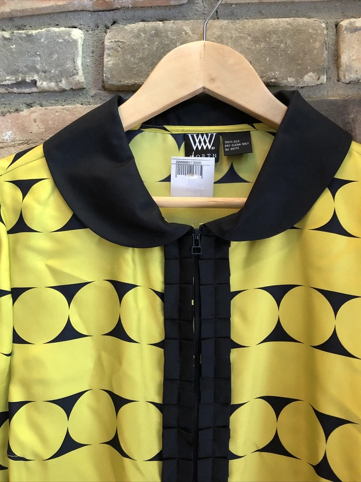 Blusa Worth Citron Amarillo Negro Seda Años 60 Mod Estampado Círculo S Pequeña Nueva Con Etiquetas Cremallera Frontal Foto 3 de 4