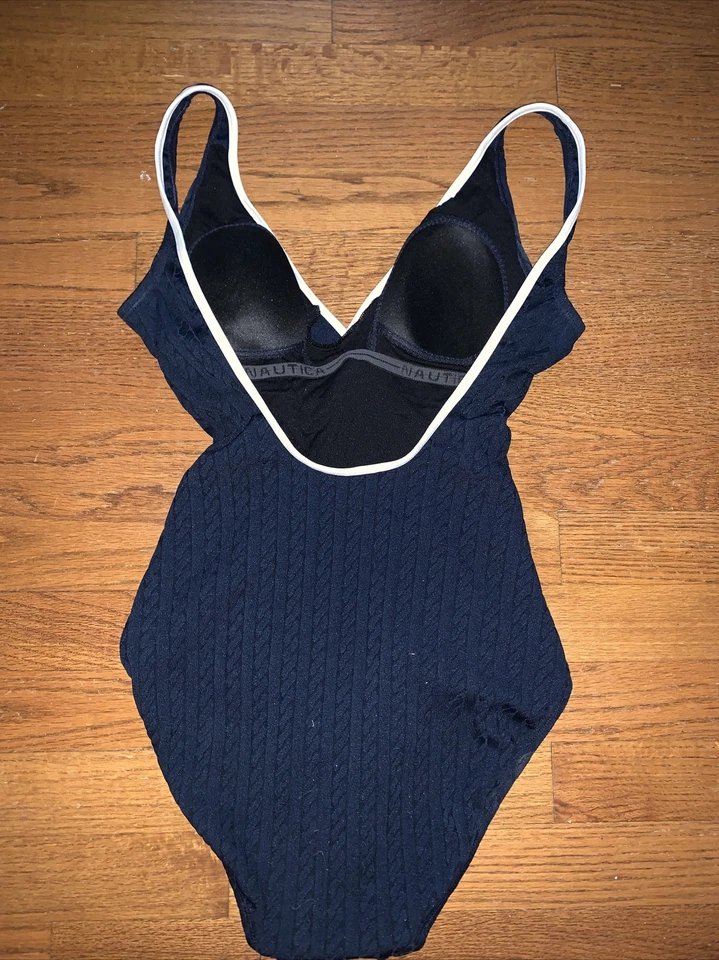 NAUTICA Navy Waffle Hint of White One Piece Bathing Suit Swimwear Sz 10 ❤️tb5m15 - Image 4 of 4