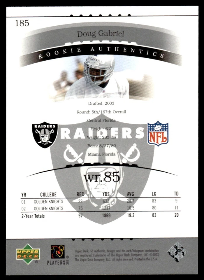 2003 SP Authentic Doug Gabriel Rookie /1200 Oakland Raiders #185 R47 - Image 2 of 2