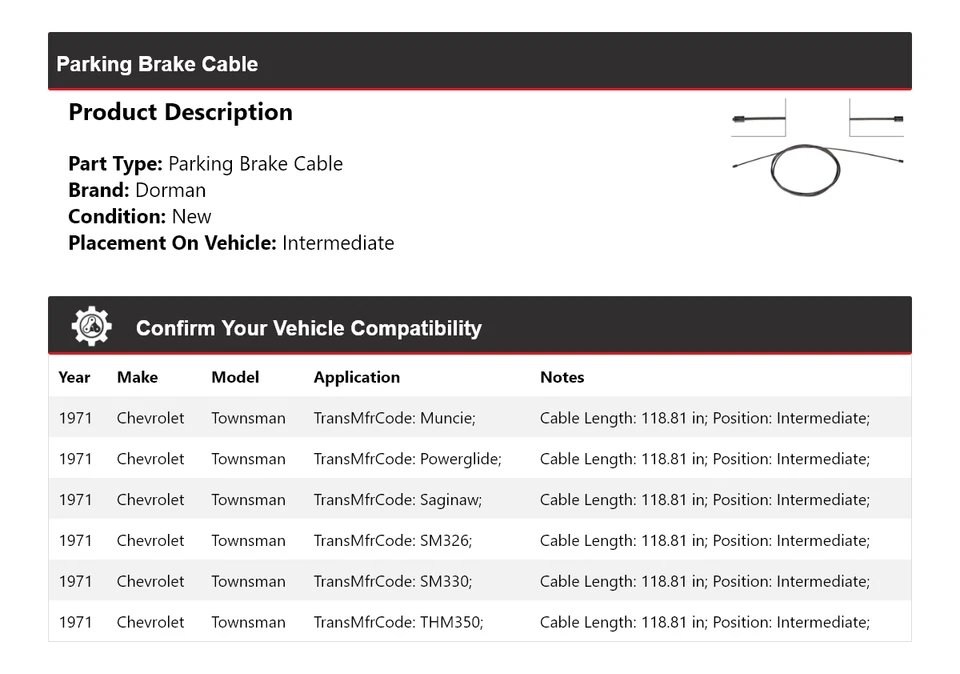 For 1971 Chevrolet Townsman Dorman Parking Brake Cable Intermediate - Image 2 of 3