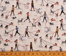 Cotton People Walking Their Dogs Pets Cream Fabric Print by the Yard D752.25