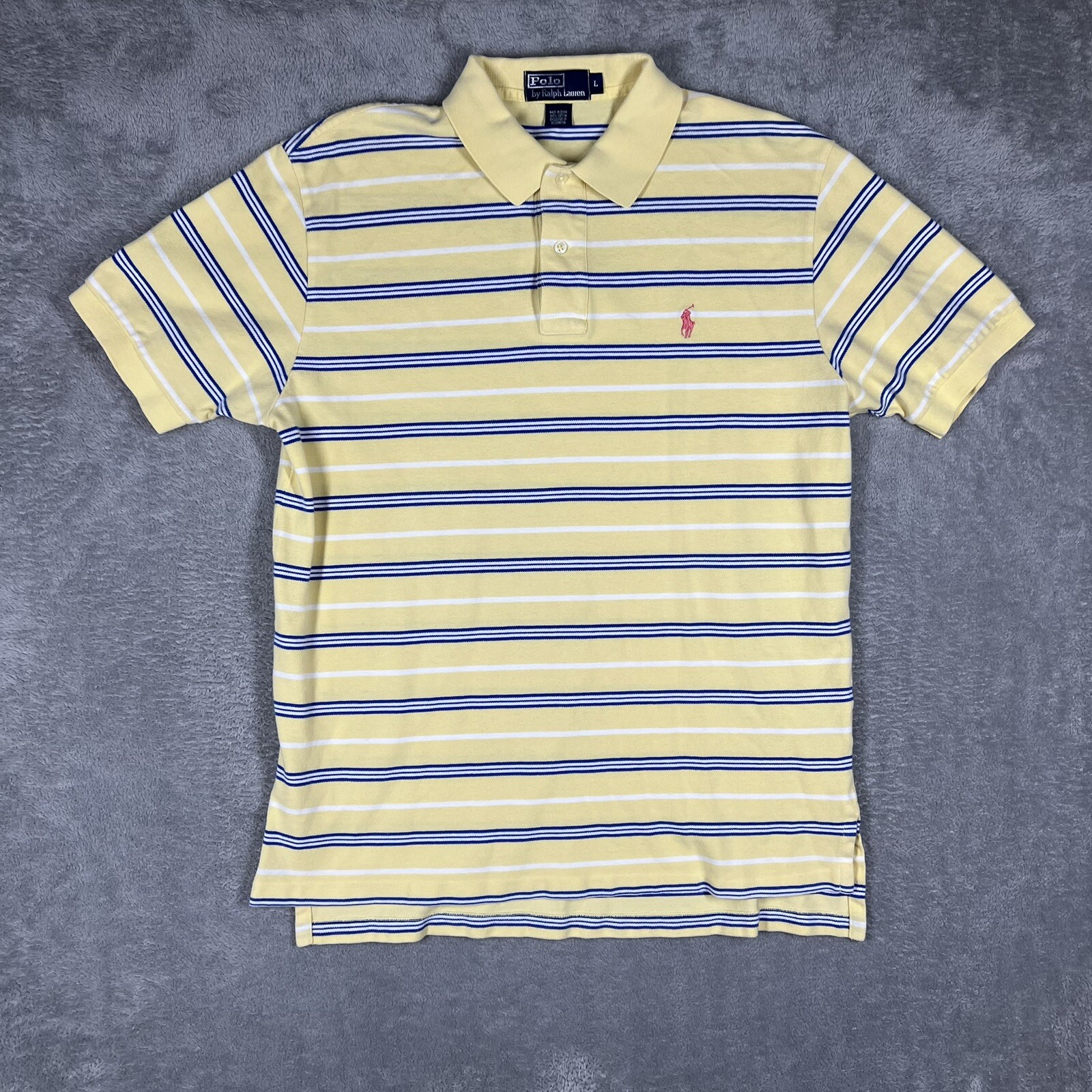 VTG Ralph Lauren Classic Fit Mesh Polo Shirt Mens Large Yellow Striped Pink Pony