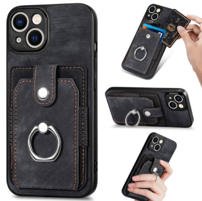 Men's Leather Case Card Holder Wallet Kickstand with Ring Stand Phone Cover