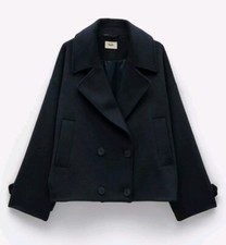 Hush Pea Coat Cropped Wool Deep Collar Midnight Navy Bnwt Women's Size Uk 8