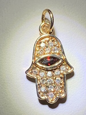 NOW 40% OFF!!!!* HANDCRAFTED 14KGF GARNET AND ZIRCON HAMSA/ EVIL EYE CHARM-NEW