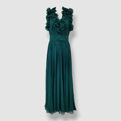 $4675 Elie Saab Women Green Silk Plunging V-Neck Ruffle Gown Dress Size 38