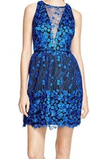 AQUA ~ Black & Blue Embroidered Illusion Neck Fit & Flare Party Dress 0 NEW $238