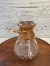 Vintage CHEMEX POUR OVER COFFEE MAKER Green Stamp 9.5" 8 Cup Wood Cuff Pyrex
