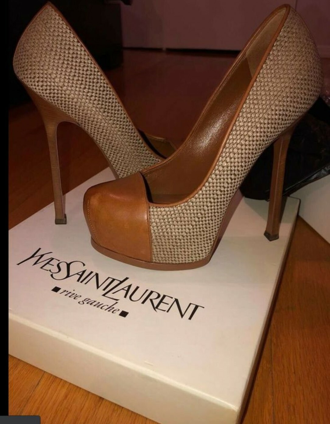 SCARPE YSL MARRONI IN PELLE E TWEED TAGLIA 37 5 YVES SAINT LAURENT CON SCATOLA ORIGINALE