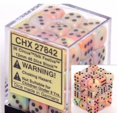 Chessex Dice (36) Block Sets 12mm D6 Festive Circus / Black 36 Die Set CHX 27842