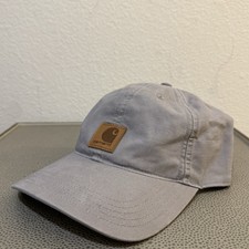 Carhartt Cap Strap-Back Gray Canvas Hat Brown Leather Patch Logo