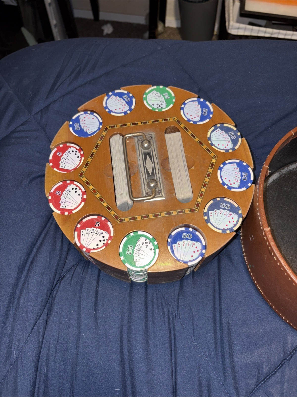 Vintage Drueke Rare PokerChip Set In Wood Carousel Handsome Inlay nice 