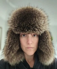 American Raccoon Fur Trapper Hat 25" With Tie Strap Fluffy And AMAZING Unisex M