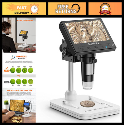 Digital Coin Microscope 1000x Magnification, 8 LED Lights, PC/Mac Compatible, 4.
