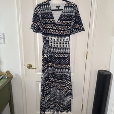 Jessica Simpson Navy Abstract Print Wrap Dress Midi Flutter Sleeve V-Neck Boho M