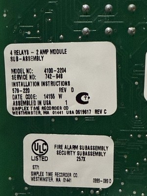 SIMPLEX 4100-3204   4 Relays - 2 Amp Module 742-948