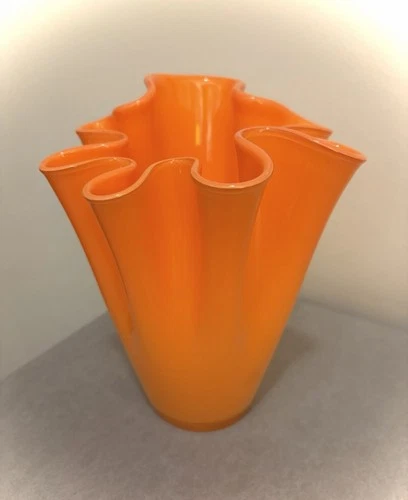 Italian Murano Style Vase Orange Freeform Handkerchief Art Glass 8.5” Tall