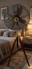 Vintage Tripod Industrial Floor Fan with Retro Metal Grill & Wooden Stand – Home