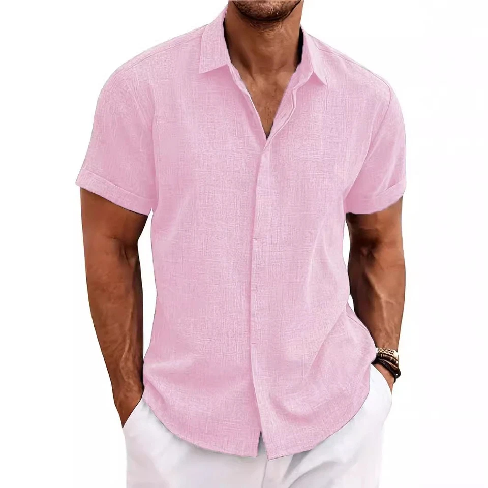 Camisas de lino con botones para hombre - Ropa de playa informal de verano de manga larga Foto 2 de 4