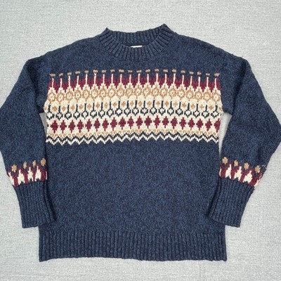L.L.Bean Fair Isle Rag Sweater Womens M Blue Nordic Cotton Knit Pullover Mock