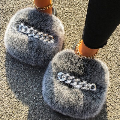 Chic Classy Real Farm Fox Sandals Furry Fur Slippers Flip Flops   Chain Slides