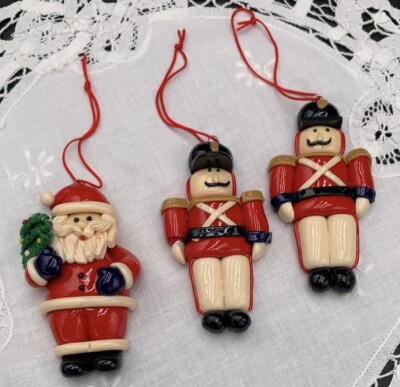Lot Of 3Vintage Glazed Salt Dough Christmas Ornaments Santa, Nutcracker