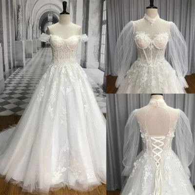 Brautkleid Hochzeitskleid Spitze Aufkleber Langarm A-Linie 38 40 42 44 46 - Bild 1 von 4