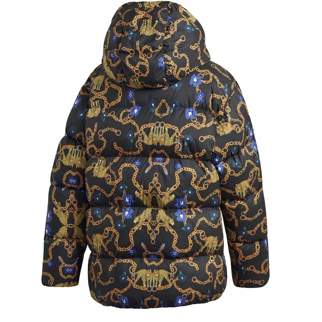ADIDAS DOWN FILL HOODED PUFFER JACKET LEOPARD CHAIN BLACK