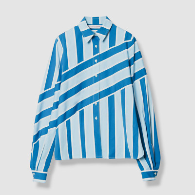 $990 Carolina Herrera Women Blue Stripe Button-Up Cotton Blouse Shirt Top Size 2