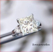 925 Sterling Silver 3.35CT Real Moissanite Princess Cut Engagement Wedding Ring