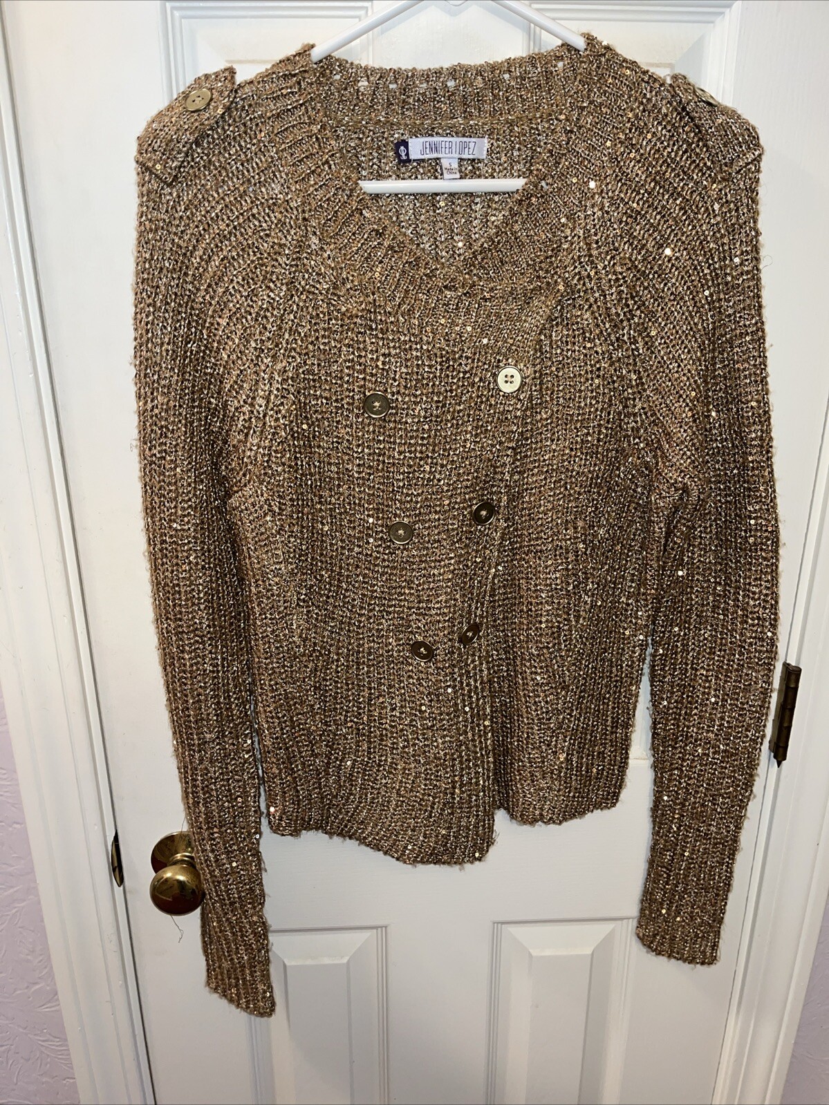 Jennifer Lopez Sweater Women Golden Sparkling Long Sleeve Button Front SizeSmall