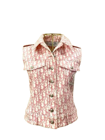 Christian Dior Denim Vest Women White Pink Trotter Oblique Button