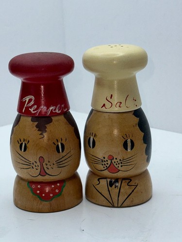 Vintage 5" Holz Salz Pfefferstreuer Koch Hund oder Katze Gesichter handbemalt ~ Japan